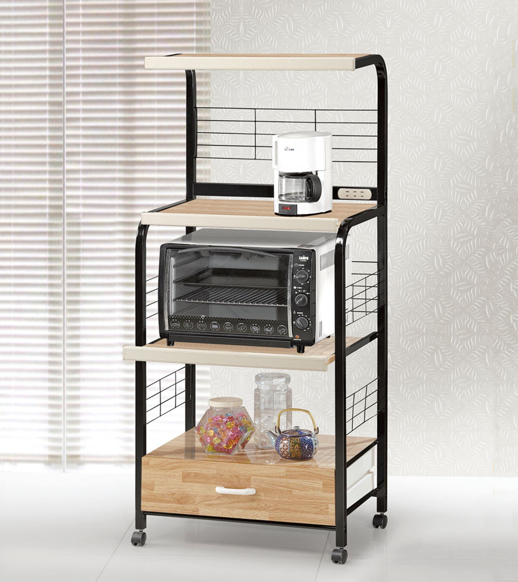 60″h Black Microwave Cart W Outlet